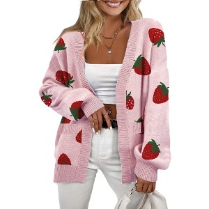 Women's Strawberry Print Cardigan Cute Knitted Open-Front Sweater with Pockets - 1 of 1