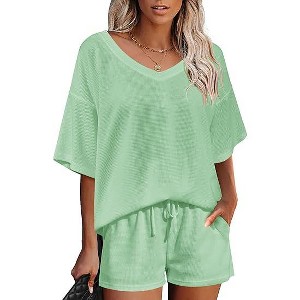 Ekouaer Womens 2 Piece Short Sleeve Waffle Knit V Neck Off Shoulder Casual Loose Fit Sweatsuit Outfits - 1 of 4