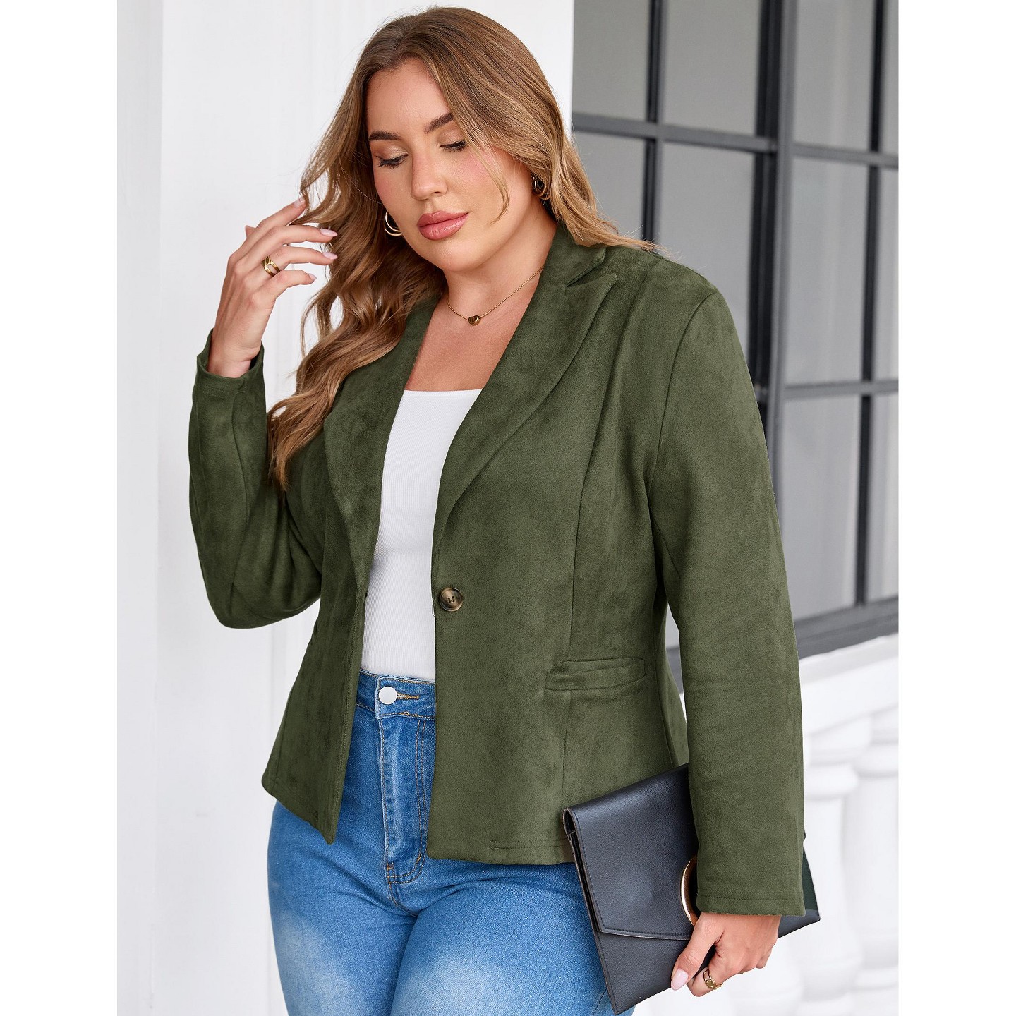 Женская куртка YesFashion Women Plus Size Blazer Jacket, Notched Lapel Single‑Button Suit Coat, Long Sleeve Business Casual Outerwear — фото 2