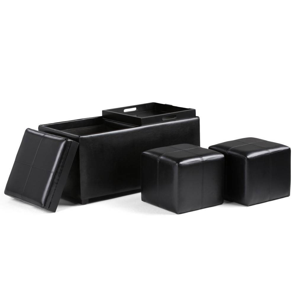 5pc 35" Franklin Storage Ottoman Midnight Black Faux Leather - WyndenHall: Bench with Flip Tray Top, Unhinged Lid