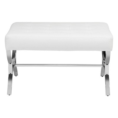 White Tufted Bonded Leather Ottoman with Chrome Frame