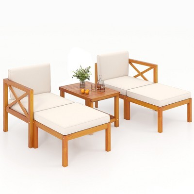 Tangkula 5 Pieces Patio Lounge Chair Set w/Ottomans Acacia Wood Patio Conversation Set w/Cushions Coffee Table Modular Outdoor Lounge Sofa Set