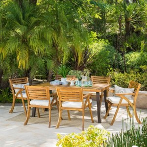 Della-Hermosa 7pc Acacia Wood Dining Set - Teak - Christopher Knight Home: Weather-Resistant with Polyester Cushions - 1 of 4