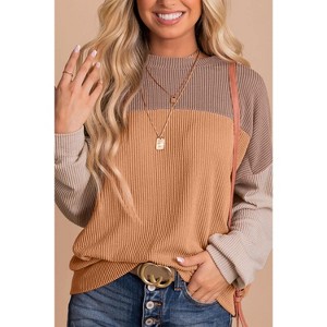 Khaki Color Block Long Sleeve Ribbed Loose Top - 1 of 1