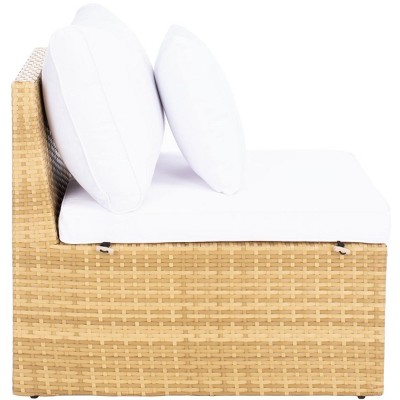 Pramla 3-Person Natural Brown Eucalyptus Outdoor Settee with White Cushions