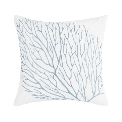 White and Blue Embroidered Square Throw Pillow