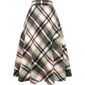Women's Plaid Wool Skirt - Elastic Waist A-Line Pleated Tartan Long Skirt Long Green/New - 1 of 4