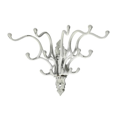 Antique White Cast Iron Multi Hook Wall Hanger with Swivel Hooks