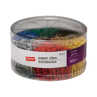 Staples Jumbo Vinyl Coated Paper Clips Smooth 500/Tub 480109