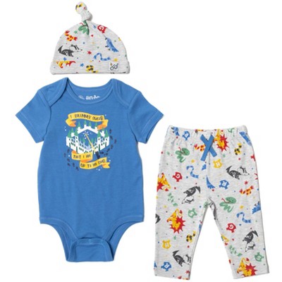 Image of Harry Potter Gryffindor Hufflepuff Ravenclaw Newborn Baby Boys Bodysuit Pants and Hat 3 Piece Outfit Set Blue / Gray 0-3 Months