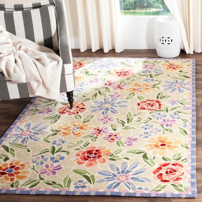 Ivory Floral Hand Hooked Wool Area Rug, 6' x 9'