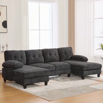 SKRAN Modern U-Shaped Sectional Sofa 103.5" Chenille Fabric Couch with Dual Chaise Lounges, Storage Pockets and Armrest Pillows for Living Room