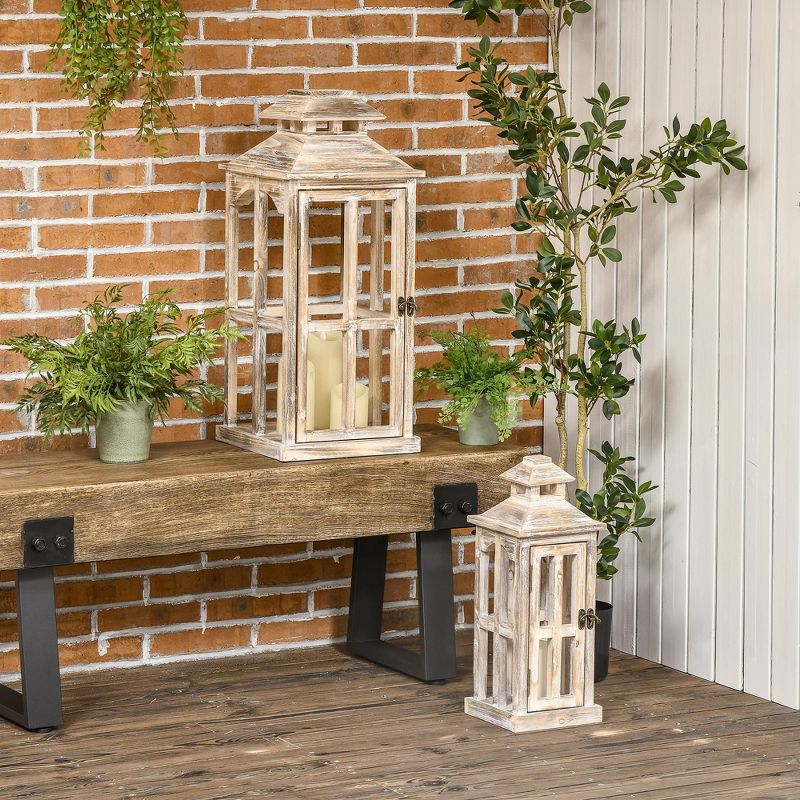 HOMCOM 2 Pack 28"/20" Large Rustic Wooden Lantern Decorative, Indoor/Outdoor Lantern for Home Décor (No Glass), Natural, 2 of 7