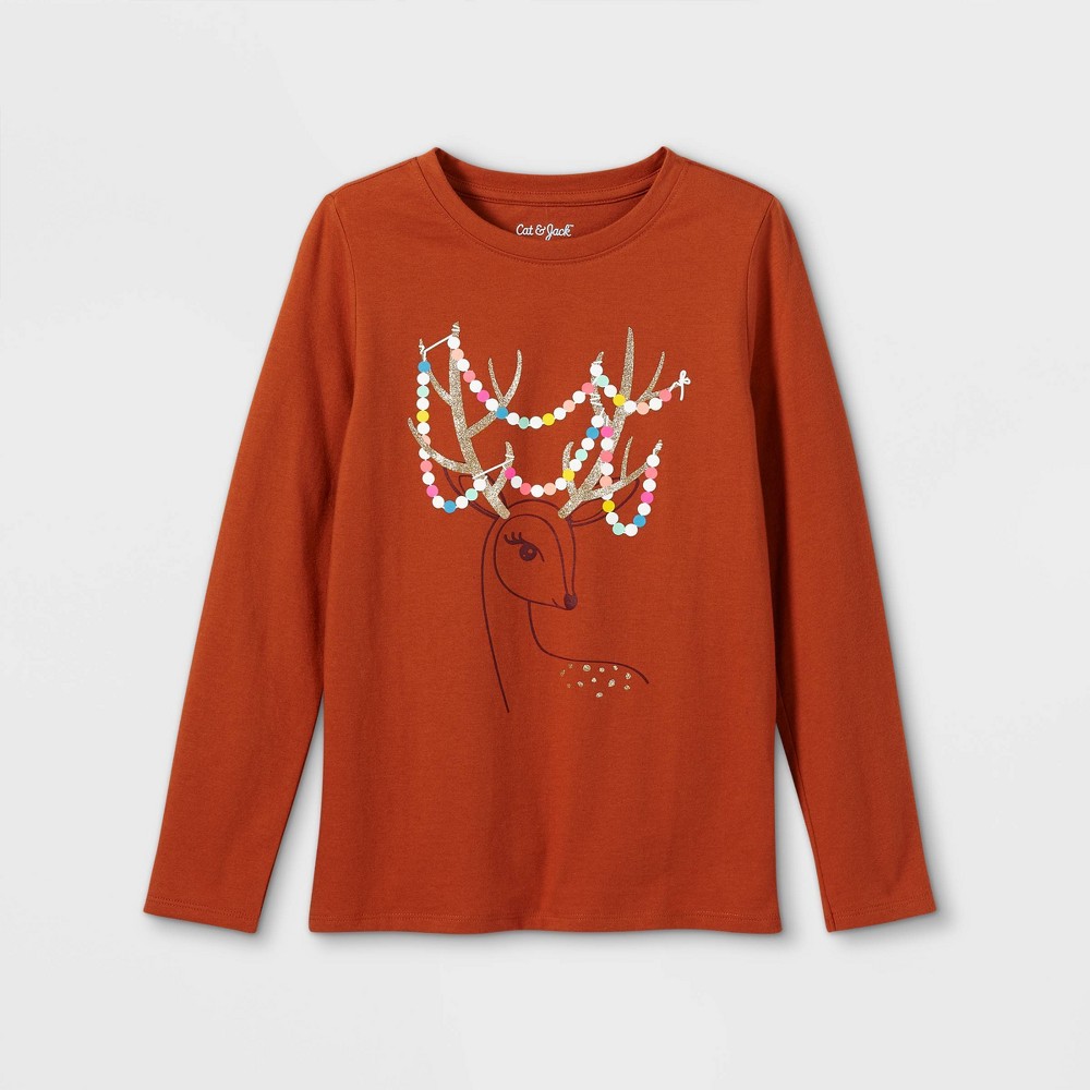 Girls' 'Festive Deer' Long Sleeve Graphic T-Shirt - Cat & Jack Dark Orange M