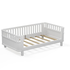Vynxaria Twin Size Wood Platform Bed for Kids Low Profile with Rails Round Corners White for Girls Boys - 1 of 3