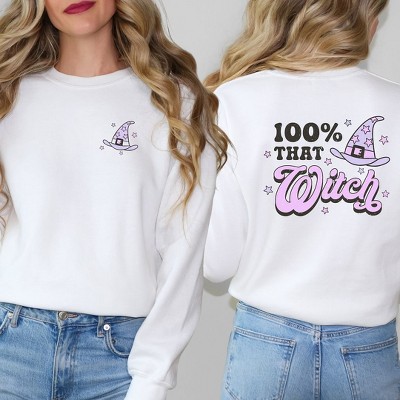 Simply Sage Market Women's Graphic Sweatshirt Purple 100% That Witch Front and Back