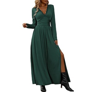 Clearlove Women's  2025 Long Sleeve Dress Lace V Neck High Waist Slit Ruched Elegant Formal Maxi Dress - 1 of 4