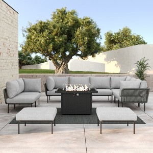 LayinSun 11 Pieces Rope Woven Patio Furniture Set, Modern Modular Sectional Sofa with Fire Pit Table and Upgrade Thickness Cushion - 1 of 4