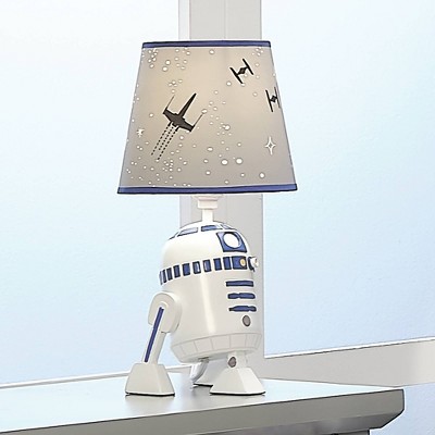 White and Blue Resin R2-D2 Lamp with Gray Shade