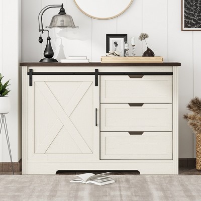 VYNXARIA Rustic Farmhouse Storage Cabinet with Sliding Barn Doors and Drawers