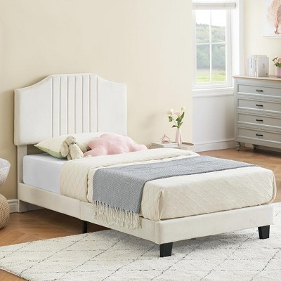 Garvee Twin Bed Frame Upholstered Platform with Headboard, Velvet Fabric Wrap, Non-Slip and Noise-Free,No Box Spring Needed, Beige