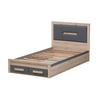 Twin Dark Gray and Light Brown Upholstered Storage Bed with Drawers