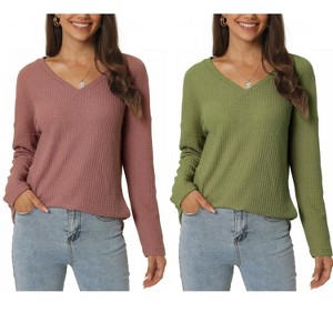 INSPIRE CHIC Women's V Neck Waffle Knit Long Sleeve Casual Tunic Blouses 2 Packs - 1 of 4