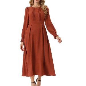 INSPIRE CHIC Women's Elegant Frilled Crewneck Midi Long Sleeve Pleated A-Line Flowy Dress with Pockets - 1 of 4