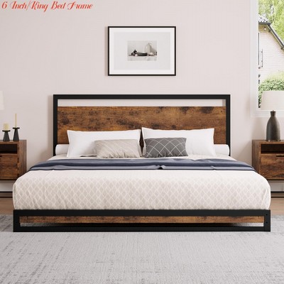 Twin/King Bed Frame w/Modern Wood Headboard & Footboard, 6"/12" Upgraded Heavy Duty Metal Sturdy Bed Frame, Stable Platform Bed Furniture Bed Storage