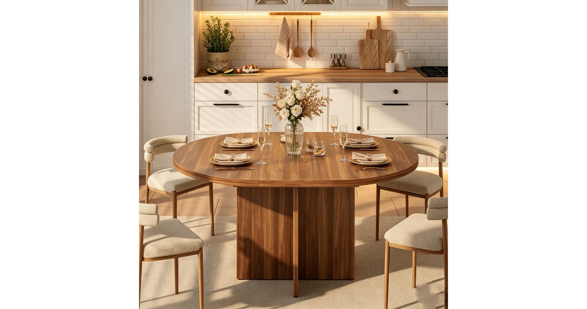 Extendable Round Dining Table 43.3"-59" Expandable Kitchen Table with Wooden Top Seats 4-8 for Breakfast Nook Apartment Home Office