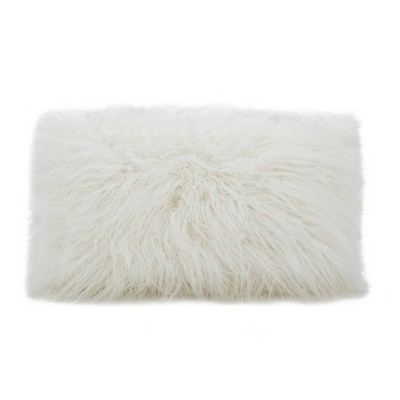 White 12 in. W x 20 in. L Faux Mongolian Fur Decorative Lumbar Throw Pillow