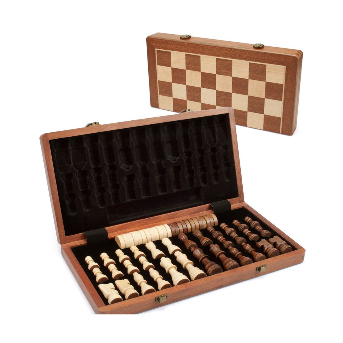 GSE 15" Wooden Folding 2-in-1 Chess and Checkers Board Game Combo Set with Chess Storage Slots Drawer