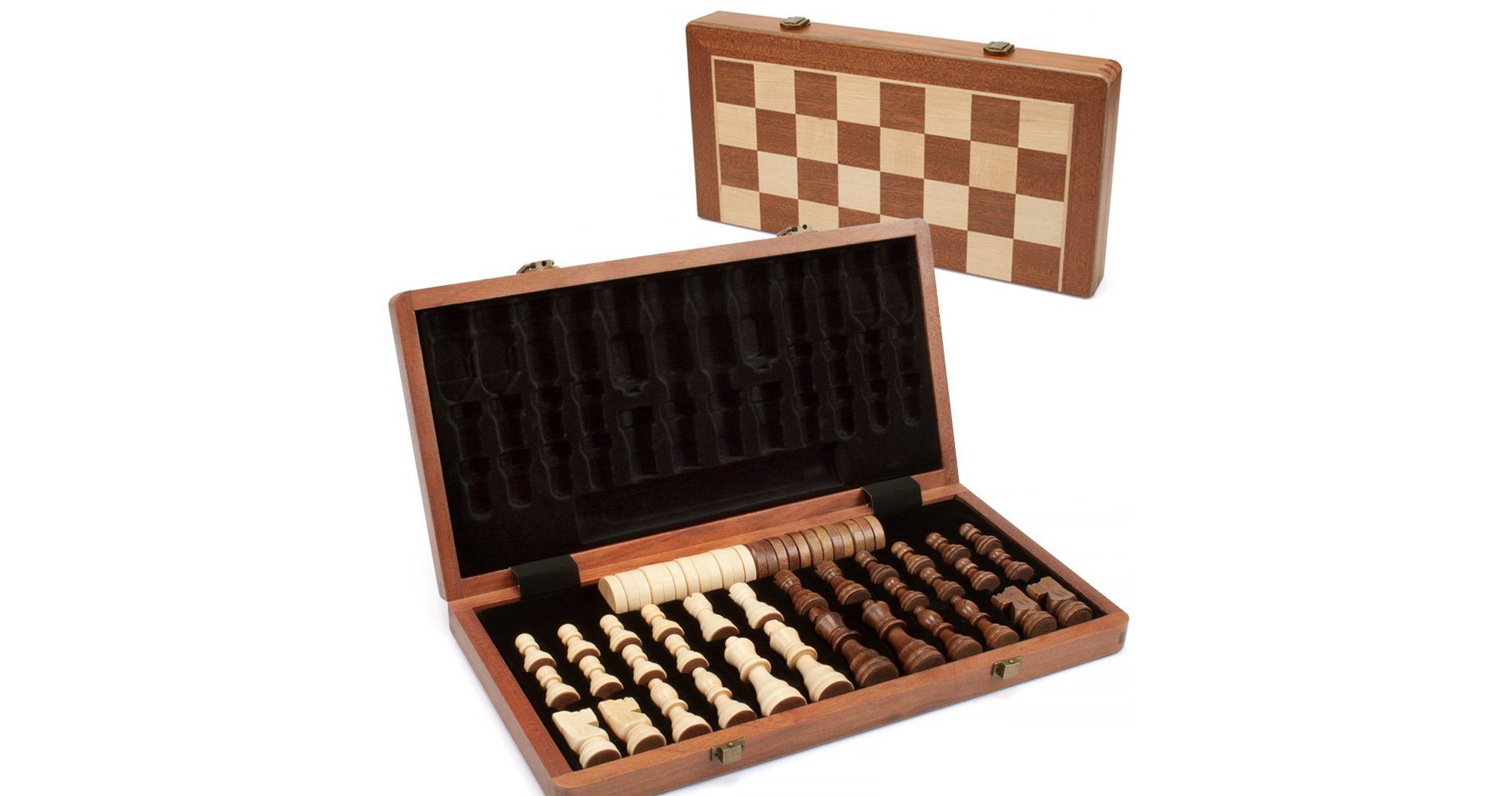 GSE 15" Wooden Folding 2-in-1 Chess and Checkers Board Game Combo Set with Chess Storage Slots Drawer