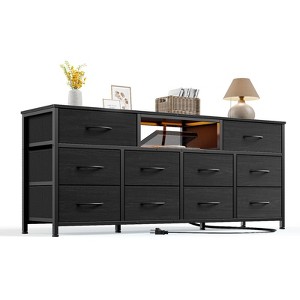55” Long Dresser for Bedroom TV Stand for 55 to 65 inch TV Black Dresser with 10 Fabric Drawers Chest Center with Power Outlet LED Light - 1 of 4