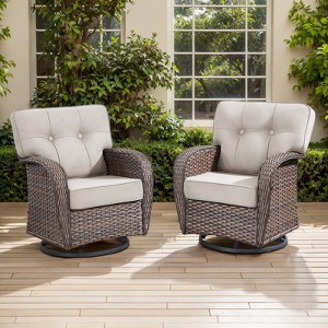 Belord Swivel Patio Chairs Set of 2, Wide Backrest Outdoor Swivel Glider Rocking Chairs with All Weather Brown Wicker with Comfort Thick Cushion - 1 of 4