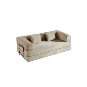 Ridstar Corduroy Convertible Folding Sofa Bed with Cylindrical Pillow & Fixed-Shape Frame for Living Room & Bedroom-Beige - 1 of 4