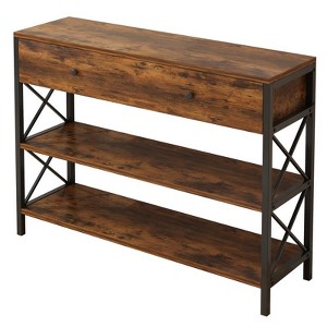 FCH Side Frame Double X Cross with Single Large Drawer Particle Board Iron Frame 100*30*80.5cm Vintage Brown Panel Black Frame Entryway Table - 1 of 4
