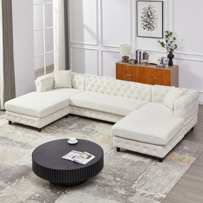 126" Modern Chenille U-Shaped Sectional Sofa with Two Chaise Lounges, Pull-Point Design, 2 Pillows, for Living Room & Bedroom