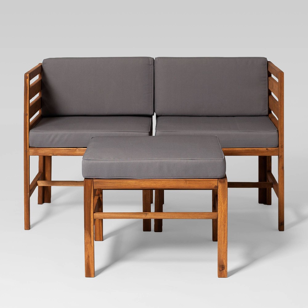 3pc Modular Acacia Wood Patio Chat Set with Cushions - Brown - Saracina Home: Weather-Resistant, Includes Ottoman