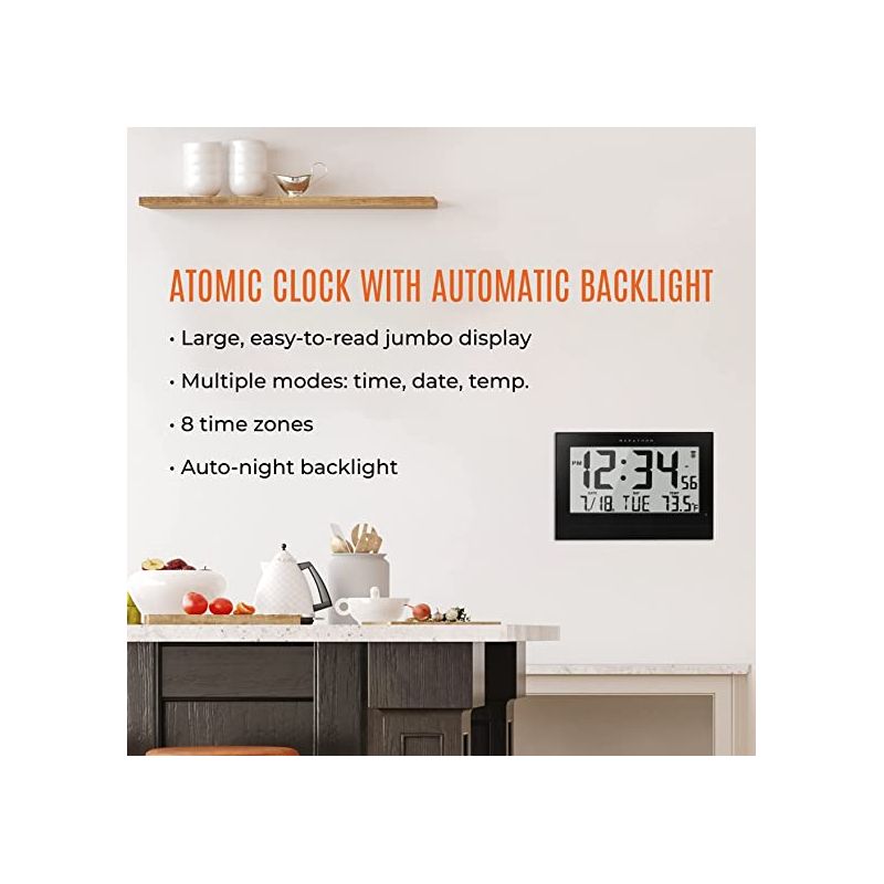 Marathon Atomic 10 Inch Wall Clock With Automatic Backlight, 8 Time Zones And Indoor Temperature, 2 of 7