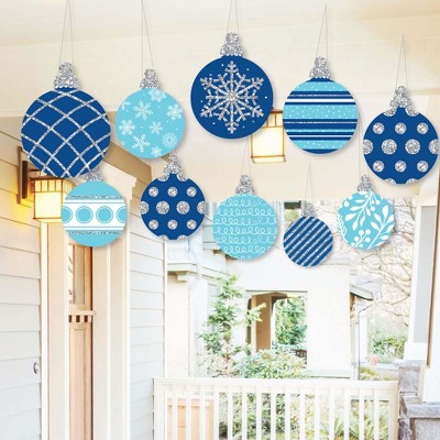 Big Dot of Happiness Hanging Blue and Silver Ornaments - Outdoor Holiday and Christmas Hanging Porch and Tree Yard Decorations - 10 Pc