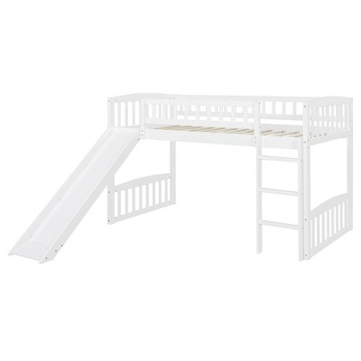 Gulches Minimalist Twin Size Loft Bed - Slide, Convertible Ladder, Solid Pine Wood, White