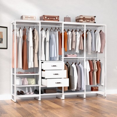 Aheaplus 74'' Closet Organizer with Wood Drawers, Garment Rack with Wood Shelves and Hanging Rods