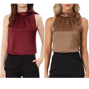 INSPIRE CHIC Women's Elegant Satin Sleeveless Bow Tie Mock Neck Solid Work Blouse 2 Packs - 1 of 4