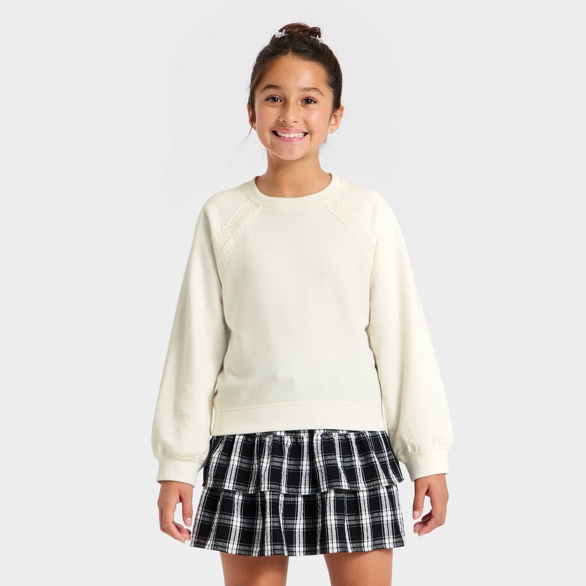 Girls' Lace Trim French Terry Crewneck Pullover Sweatshirt - Cat & Jack™ Cream M