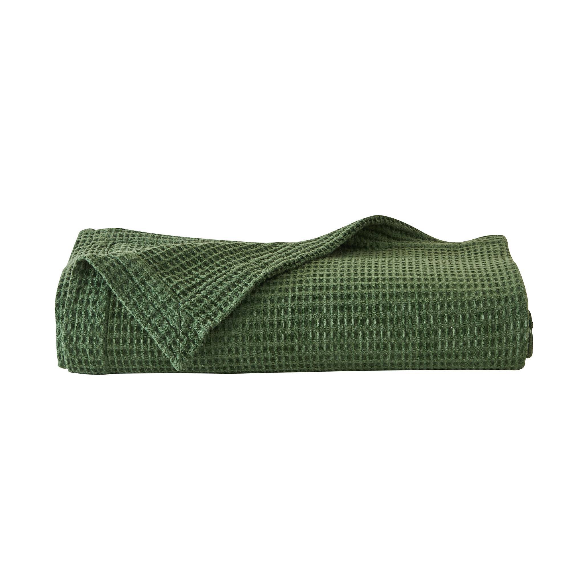 Twin 100% Cotton 300GSM Solid Waffle Blanket Forest Green - Isla Jade: Machine Washable, Shrink & Fade-Resistant