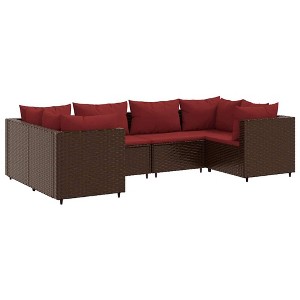 vidaXL Patio Lounge Set with Cushions Sectional Sofa Garden Backyard Poly Rattan - Brown and Red 4x Corner + 2x Middle - 1 of 4