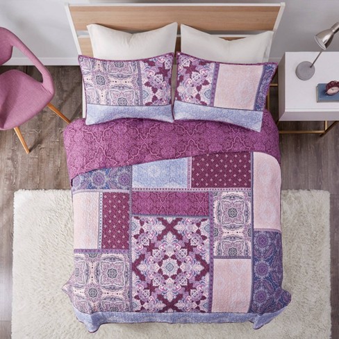 Full Queen Lena Printed Reversible Cotton Coverlet Set Purple