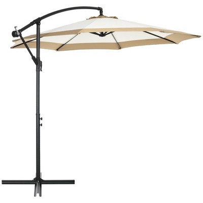 Tan Cantilever Patio Umbrella with Crank and Cross Base