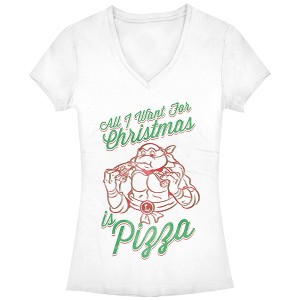 Juniors Womens Teenage Mutant Ninja Turtles Christmas I want Pizza T-Shirt - 1 of 3